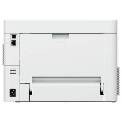 Un imprimante blanche vue de dos, montrant les connexions d'alimentation et réseau, ainsi que le bac de sortie papier et les fentes de ventilation.