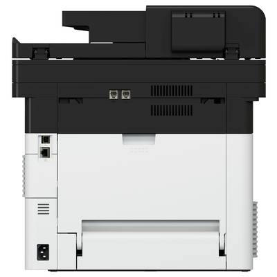 Un imprimante multifonction noir et blanc avec différentes connexions et un chargeur de documents sur le dessus.