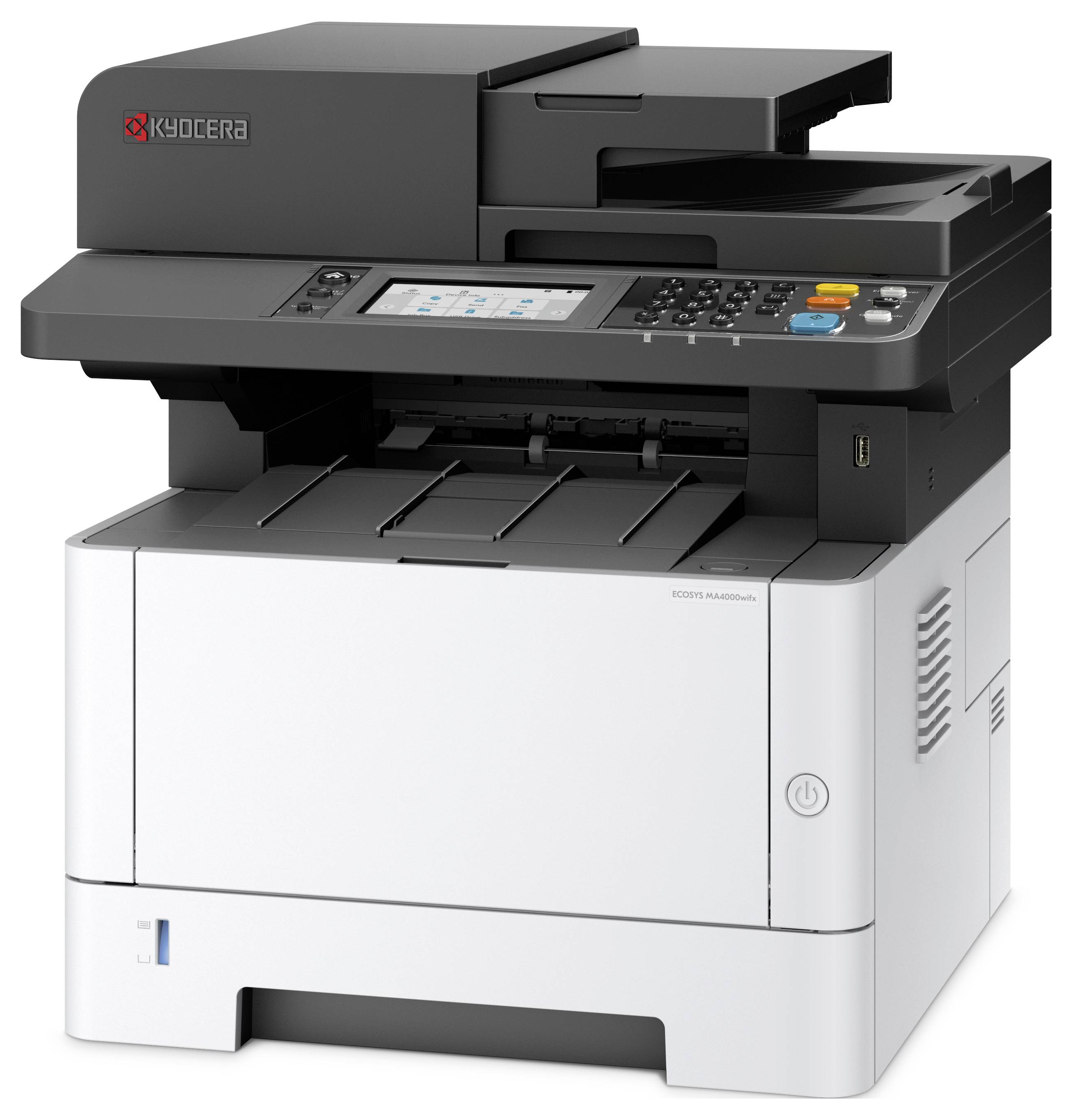 Imprimante multifonction noir et blanc de marque Kyocera, équipée d'un scanner et d'un panneau de commande en haut, adaptée à un usage professionnel ou domestique.