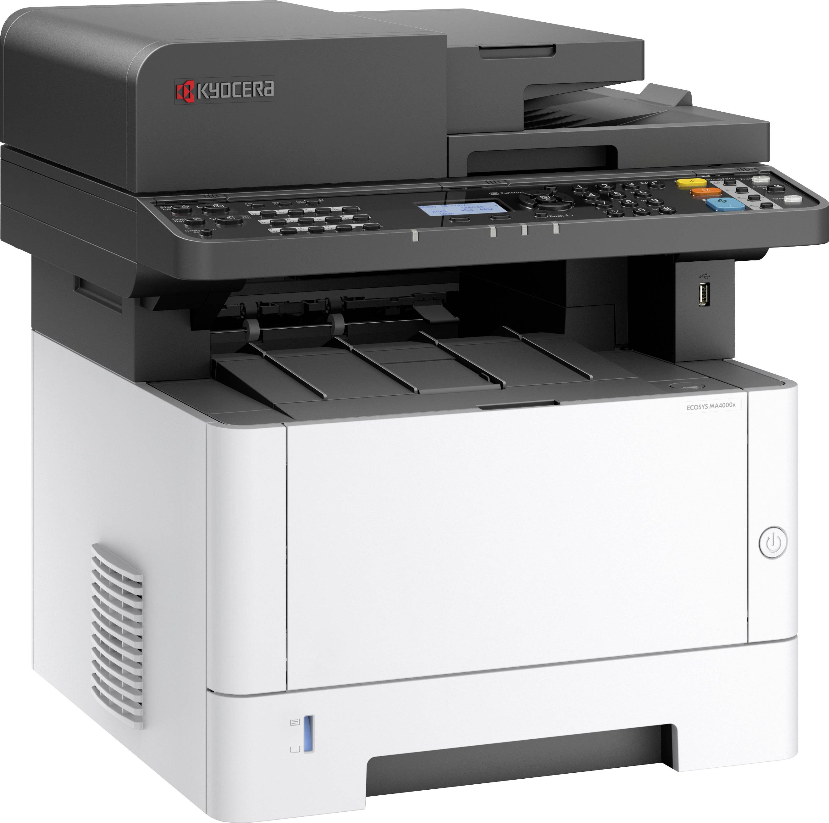 Imprimante multifonction avec fonctions de numérisation, copie et fax, logo Kyocera visible, boîtier gris et blanc, panneau de commande en haut.