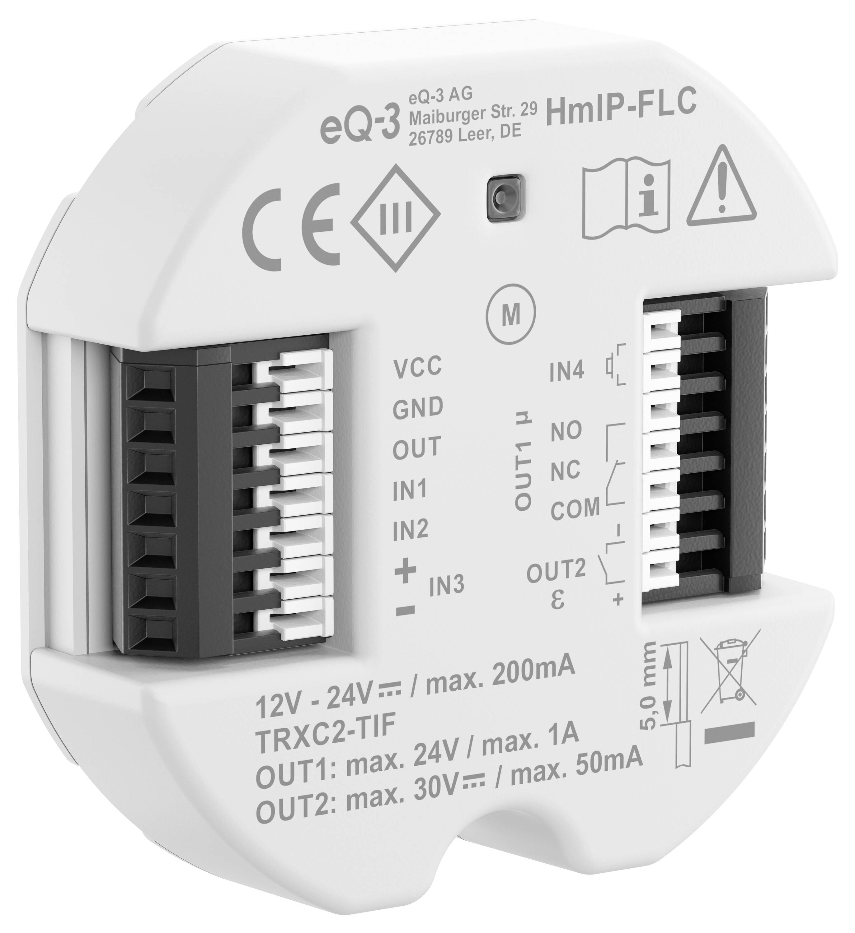 Appareil électronique blanc de commande avec plusieurs connexions et marqué 'eQ-3 AG HmIP-FLC'. 12V-24V, max. 200mA.