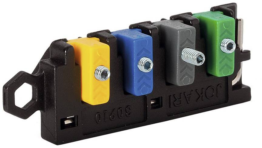 'Un connecteur électrique noir avec quatre emplacements colorés en jaune, bleu, gris et vert, équipé de vis de fixation.'