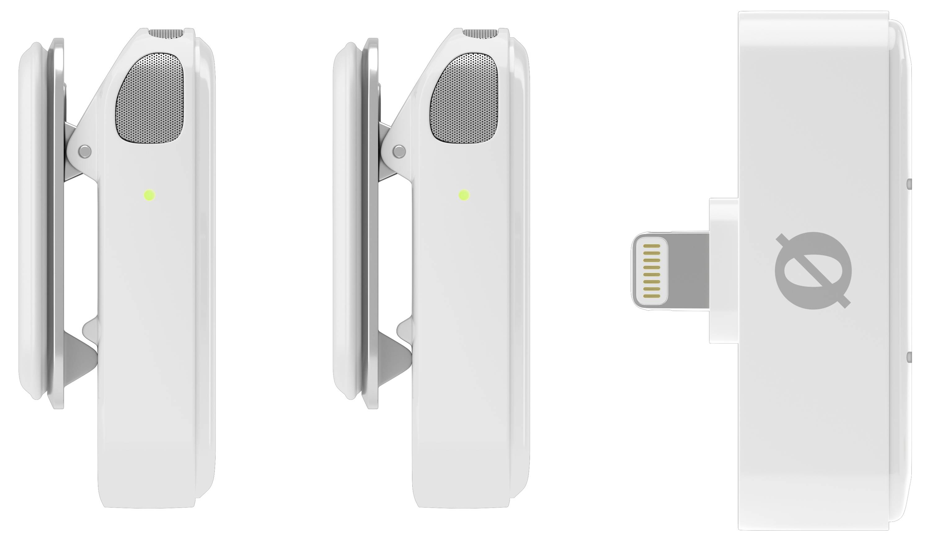 Deux enceintes portables blanches avec des grilles d'enceintes rondes et des voyants verts. Sur le côté, un connecteur Lightning.