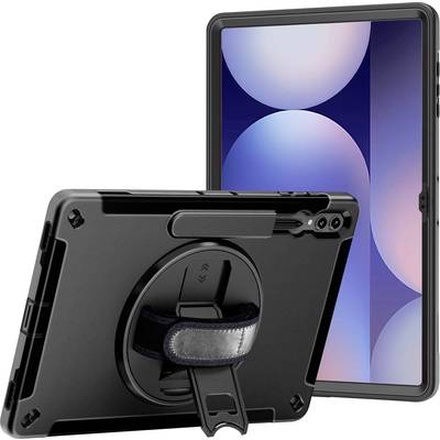 Une tablette noire dans un étui de protection avec une poignée et un support. L'écran affiche un design abstrait composé de cercles.