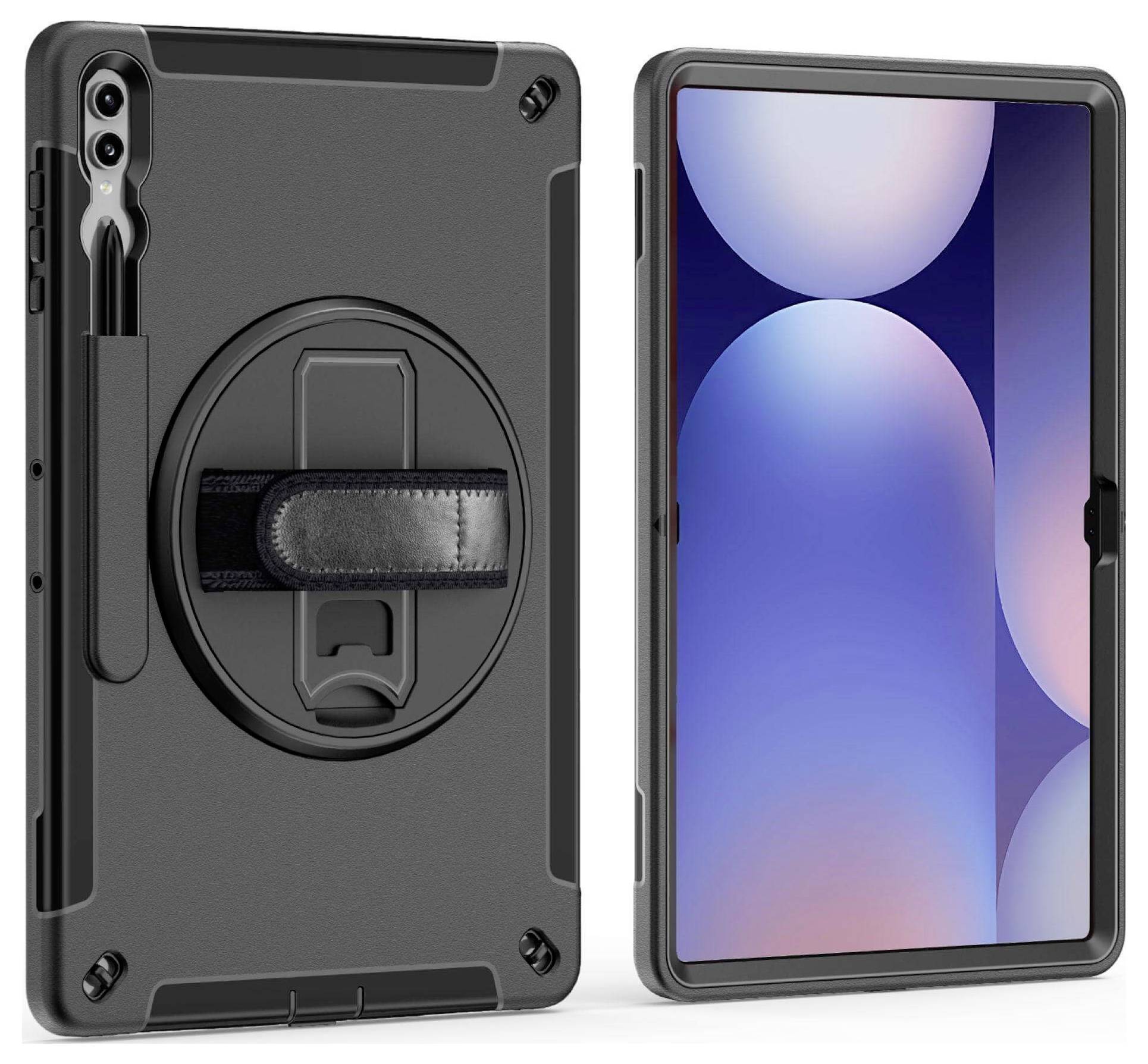 'Tablette dans un étui de protection noir avec support. L'écran affiche un motif abstrait bleu et rose avec des formes circulaires et rectangulaires.'