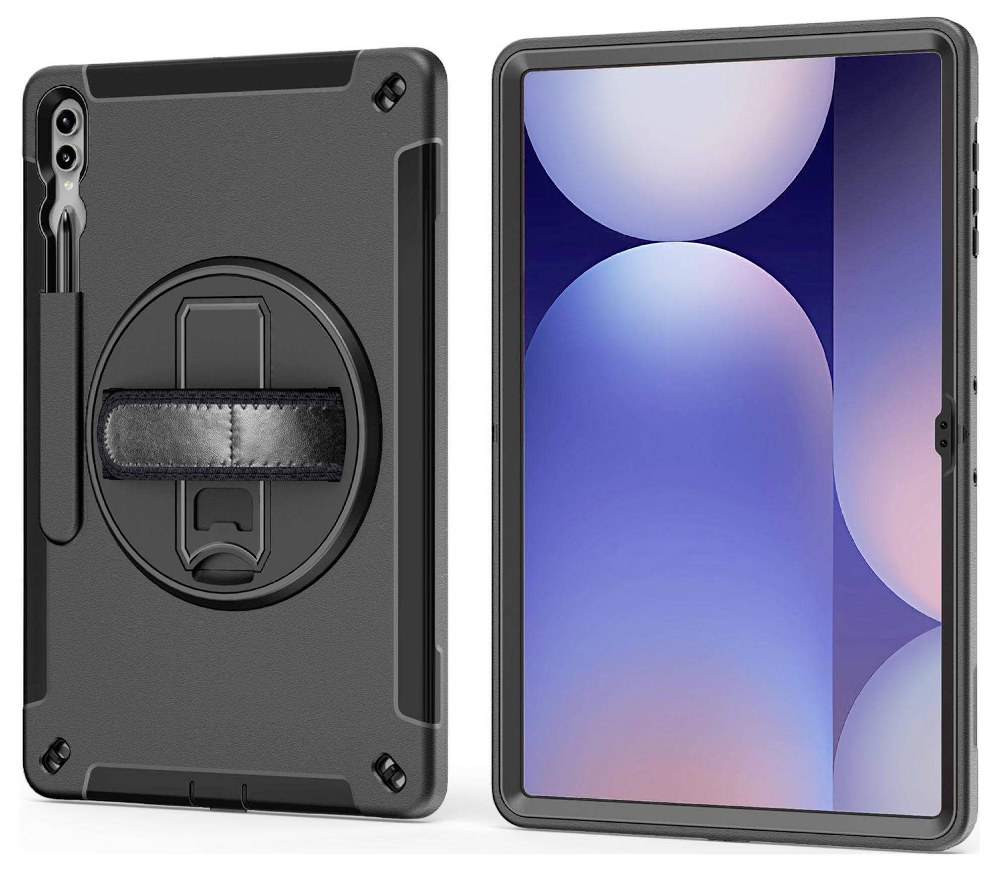 Tablette avec un boîtier de protection noir robuste. Dos équipé d'un support rotatif et d'une poignée de transport. L'écran avant présente un affichage coloré.