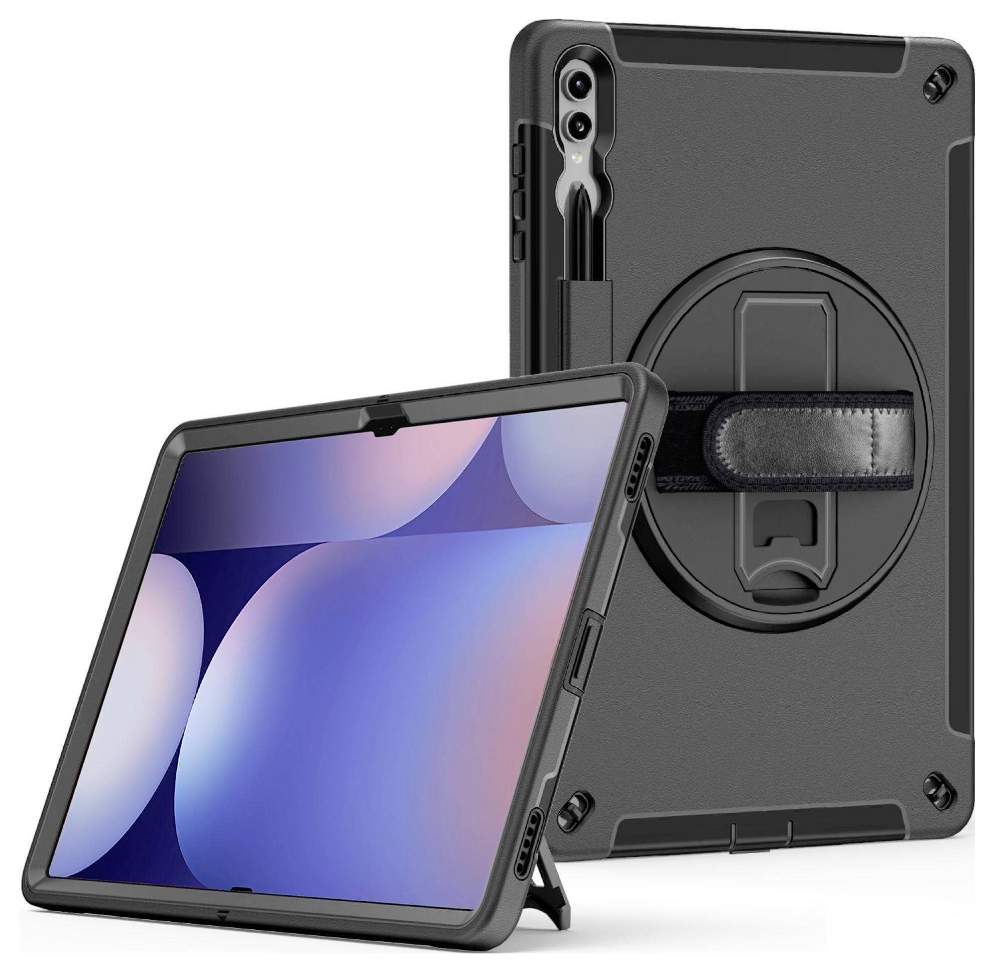 Tablette dans un étui noir robuste avec support et porte-stylo, face avant et arrière visibles.