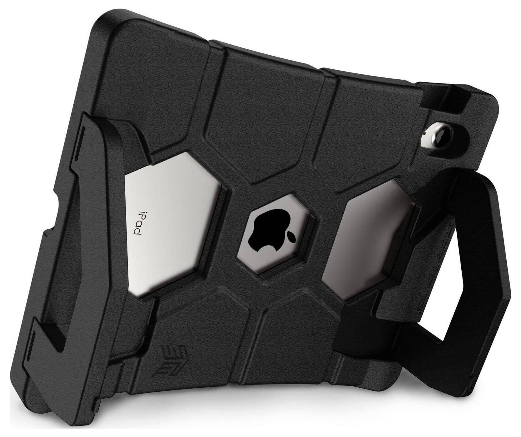 Une tablette iPad dans un étui robuste noir avec support et poignée, idéal pour une prise en main sécurisée et une protection contre les chocs.