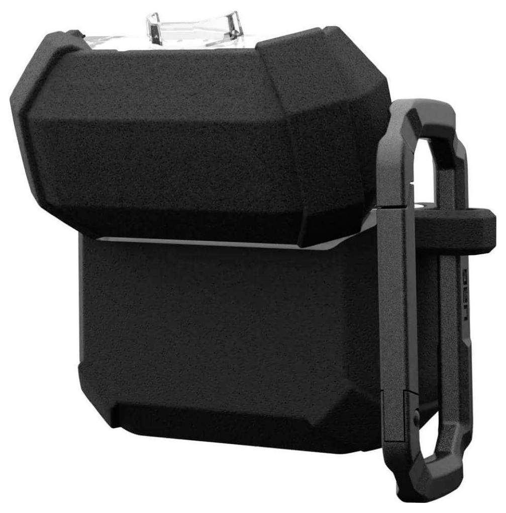 Étui noir robuste avec mousqueton, adapté à un petit appareil rectangulaire, probablement un chargeur.