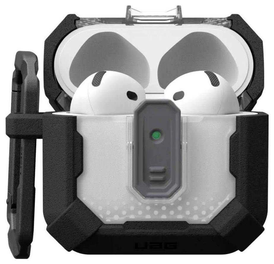 Boîtier noir et transparent avec couvercle ouvert, contenant des écouteurs blancs. La LED de charge est verte, design robuste.