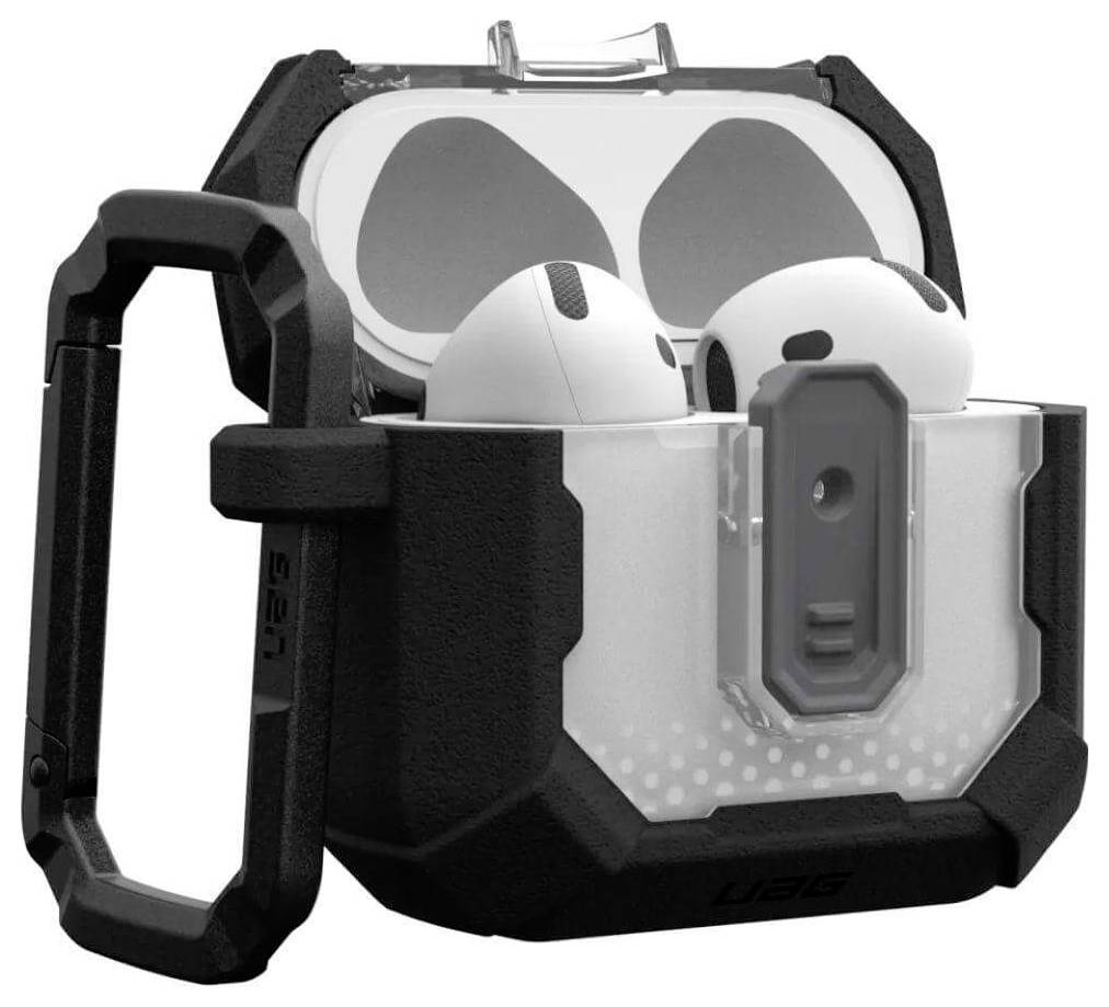 Écouteurs sans fil intra-auriculaires dans un étui de protection robuste noir avec mousqueton.