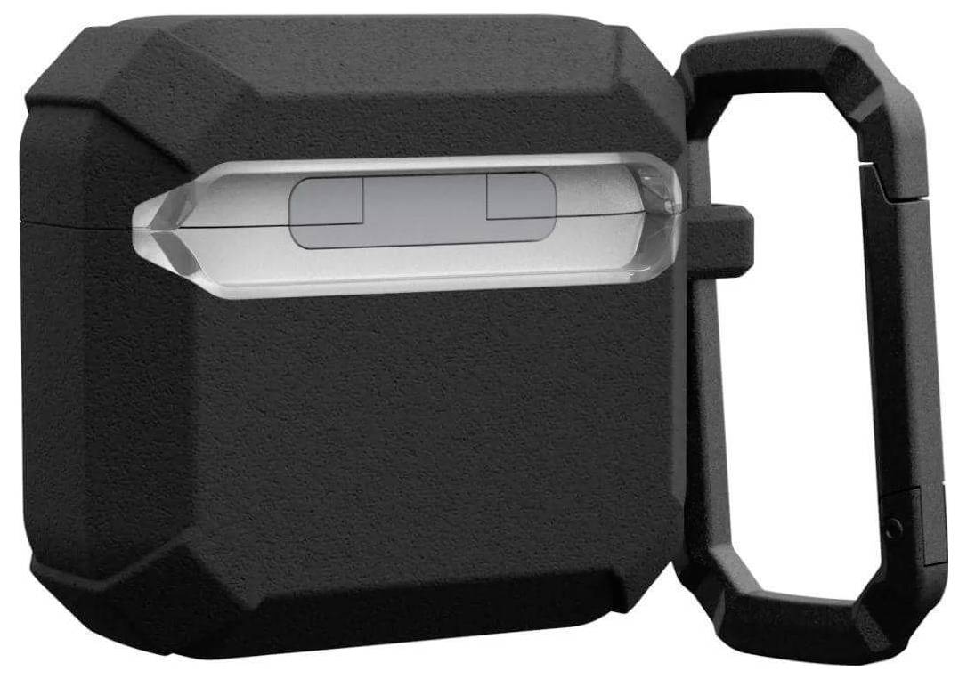 Boîtier de protection noir pour écouteurs sans fil au design robuste, équipé d'un mousqueton.