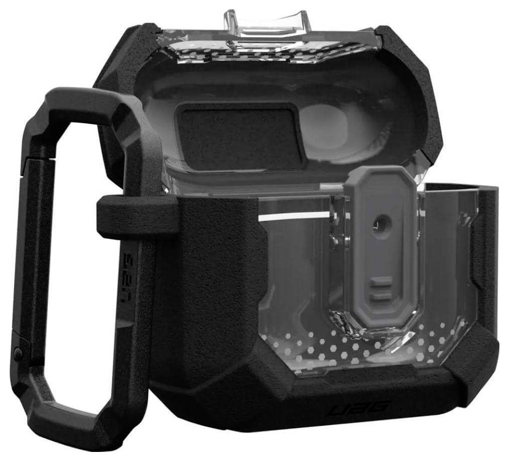 Boîtier de protection noir et robuste pour écouteurs sans fil, ouvert, montrant l'intérieur et le support, avec un mousqueton.