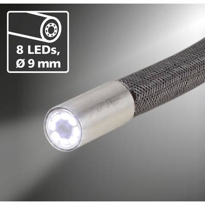 Un tuyau flexible avec 8 lampes LED, diamètre de 9 mm, sur un fond dégradé gris. Un symbole en haut à gauche indique ces détails.