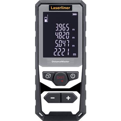 Appareil de mesure numérique avec affichage montrant différentes distances en mètres : 3,965 m, 4,820 m, 5,047 m, 2,221 m. Nom de marque en haut.