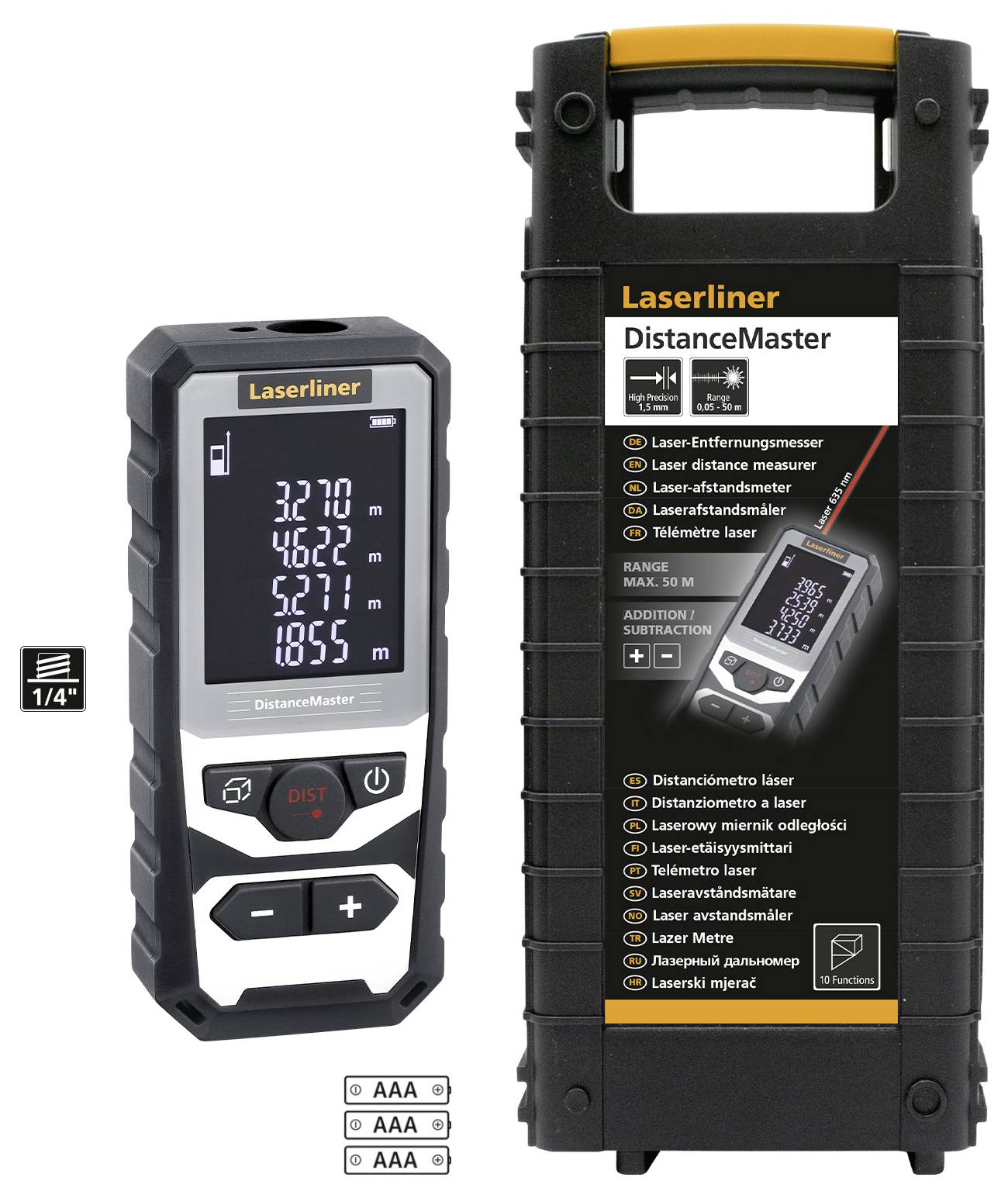 Laserliner DistanceMaster, un télémètre laser, affiche les distances dans différentes unités. Rangé dans un étui noir.