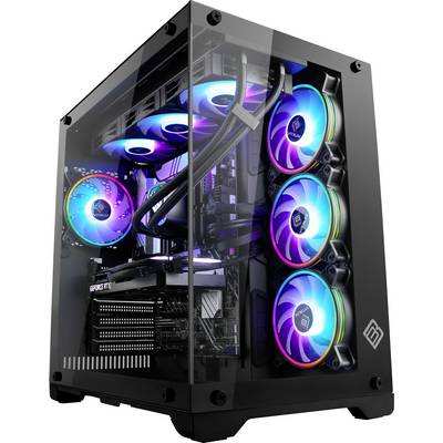 Un PC gaming moderne avec un boîtier transparent affiche des ventilateurs lumineux et colorés. Vue claire sur les composants internes.