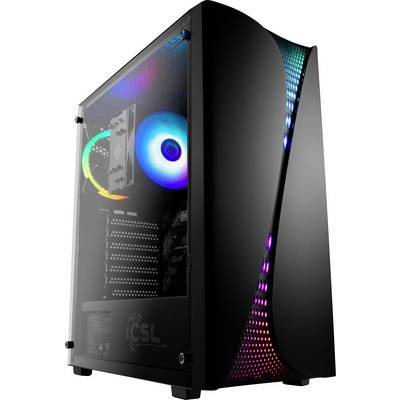 Ordinateur noir avec des ventilateurs rétroéclairés et une paroi latérale transparente qui affiche un éclairage RVB. Boîtier PC gaming haut de gamme.