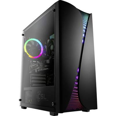 Un boîtier PC noir avec un panneau latéral en verre, illuminé par des LED RVB, révèle des composants internes, dont un ventilateur.