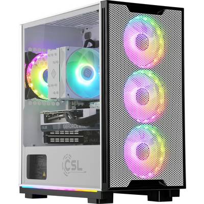 Un boîtier d'ordinateur avec trois ventilateurs RGB à l'avant et un à l'arrière. Composants internes visibles : carte graphique et système de refroidissement.