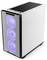 Un boîtier d'ordinateur blanc avec un panneau avant transparent qui montre trois ventilateurs bleus lumineux. Des ports USB sont visibles en haut du boîtier.