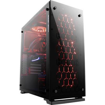 Un puissant tour de PC gaming avec un éclairage LED rouge est visible. Le couvercle latéral transparent en verre révèle le matériel interne.