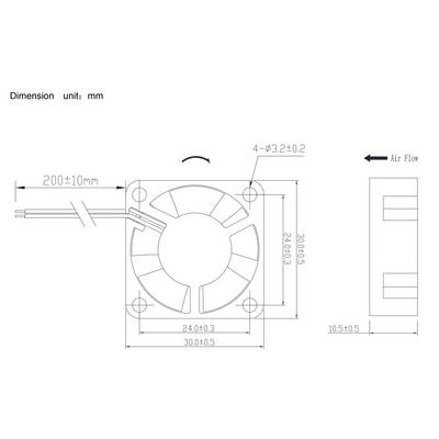 Dessin technique d'un ventilateur avec dimensions en millimètres. Présente les détails des pales du ventilateur et la direction du flux d'air. Dimensions principales : 30x30x10 mm.