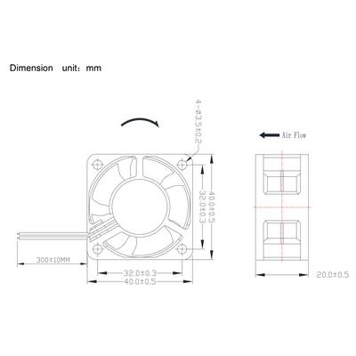 'Dessin d'un ventilateur avec dimensions en millimètres. Montre les dimensions 40x40x20 mm, la direction du flux d'air et la position du câble.'