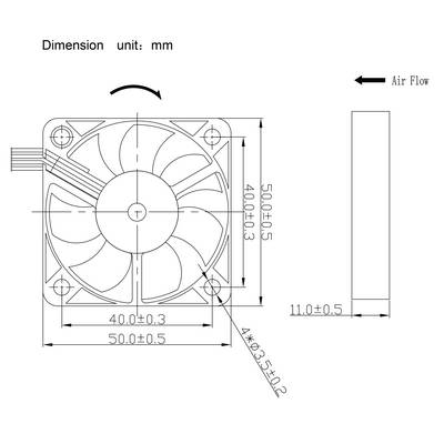 'Dessin d'un ventilateur avec dimensions : 50x50x11 mm. Détails de montage et direction du flux d'air indiqués. Unité : mm.'