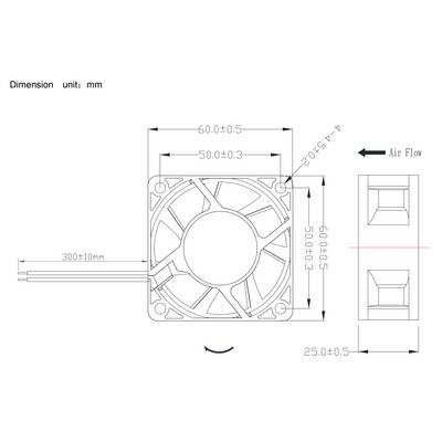 Dessin technique d'un ventilateur : montre les dimensions en millimètres, la direction du flux d'air et la position des câbles. Dimensions principales : 60x60 mm.
