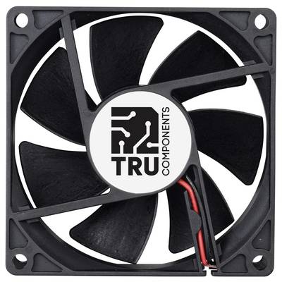 Un ventilateur d'ordinateur noir avec neuf pales et un logo TRU Components au centre. Deux câbles dépassent du coin inférieur droit.