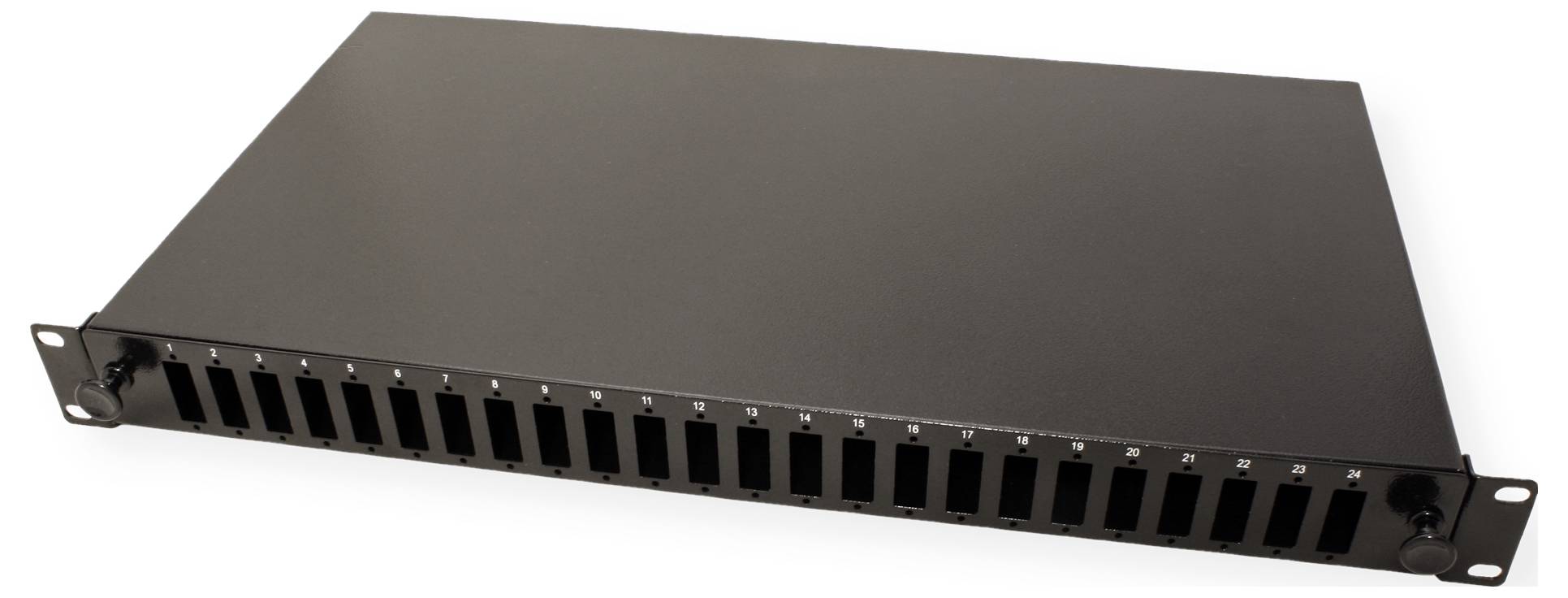 Châssis de montage en rack 19 pouces métallique avec 24 emplacements verticaux, numérotés de 1 à 24. Adapté pour le routage des câbles.