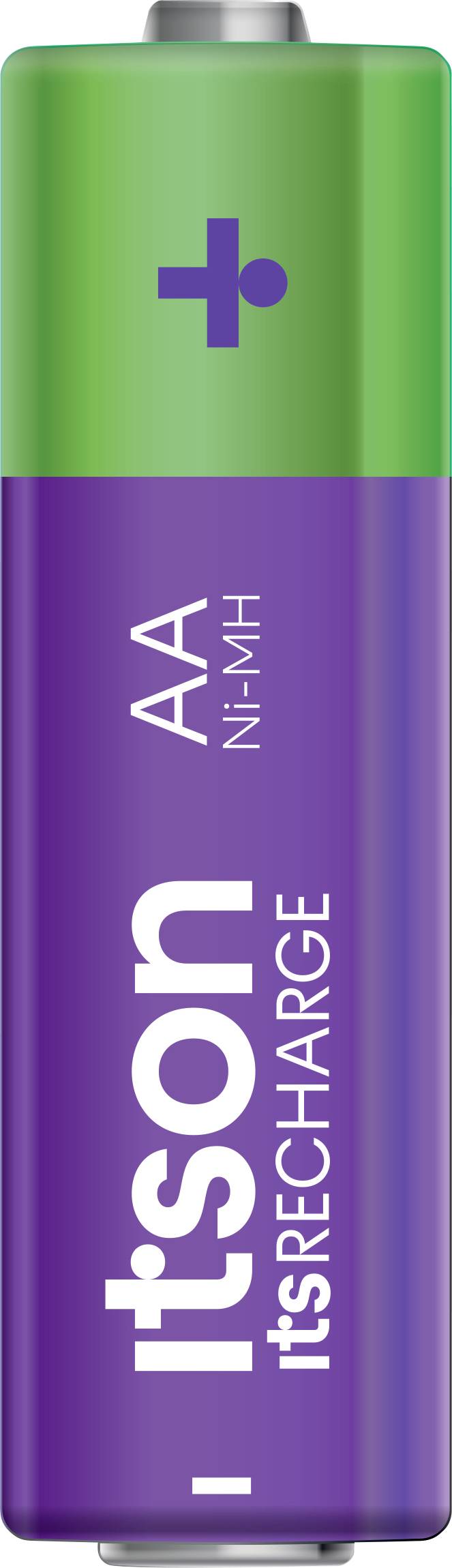 Batterie AA rechargeable avec borne positive verte et corps violet. Inscription : 'itson RECHARGE' et 'NI-MH'.