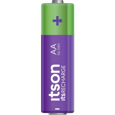 Batterie AA rechargeable avec borne positive verte et corps violet. Inscription : 'itson RECHARGE' et 'NI-MH'.