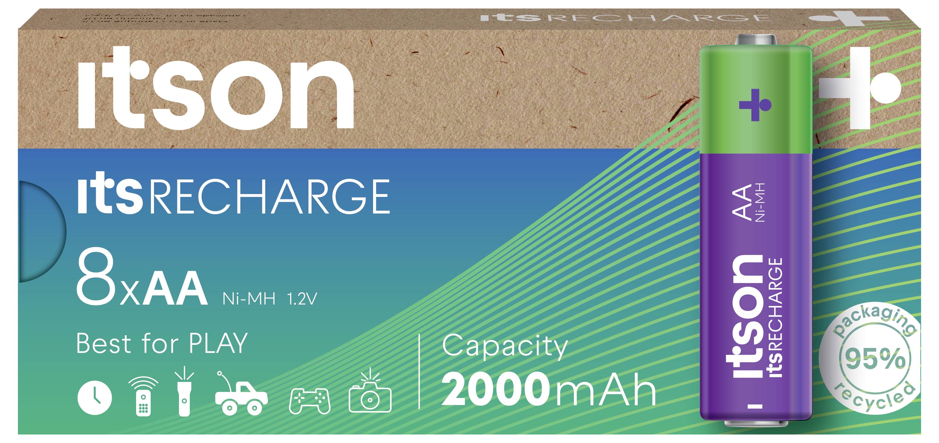 'Huit piles rechargeables AA Ni-MH 1,2V de itson, idéales pour les jouets, capacité de 2000mAh, emballage composé à 95% de matériaux recyclés.'