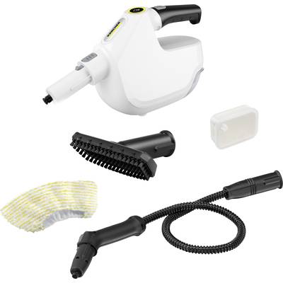 Un nettoyeur vapeur blanc avec accessoires, comprenant une brosse, une housse en tissu, un élément de tuyau vapeur et un petit récipient.