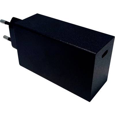 Adaptateur secteur noir avec fiche Euro, positionné en biais. Adapté aux appareils électroniques, compact pour une utilisation et un transport faciles.