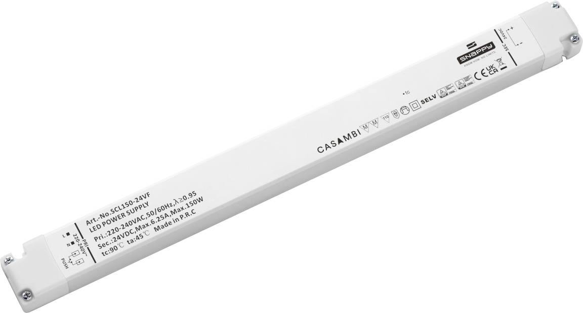 Unité de commande électronique blanche portant l'inscription 'CASAMBI'. Adaptée pour l'éclairage LED, avec différentes spécifications techniques.