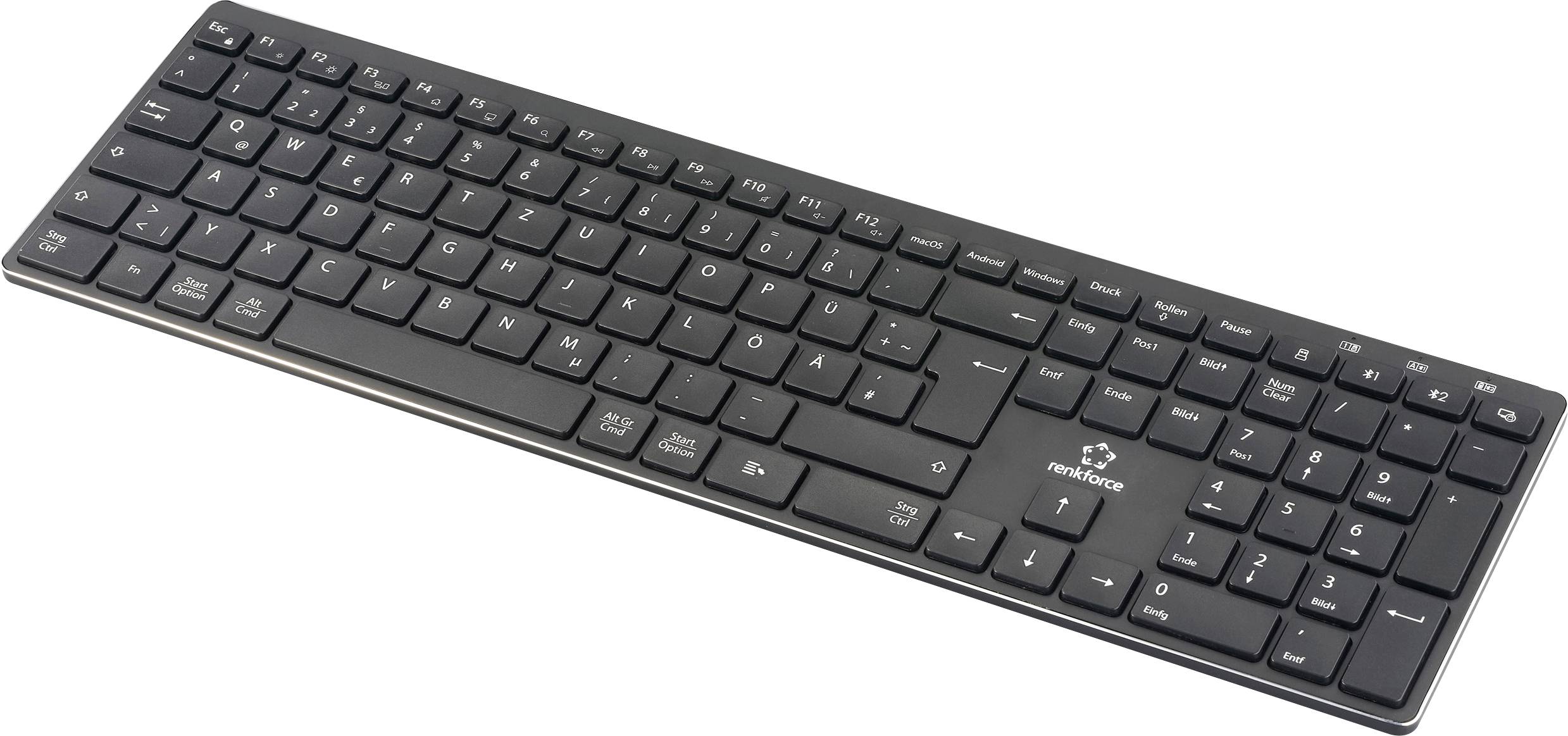 Un clavier d'ordinateur noir avec des touches étiquetées en allemand, présentant un design élégant avec un pavé numérique sur le côté droit.