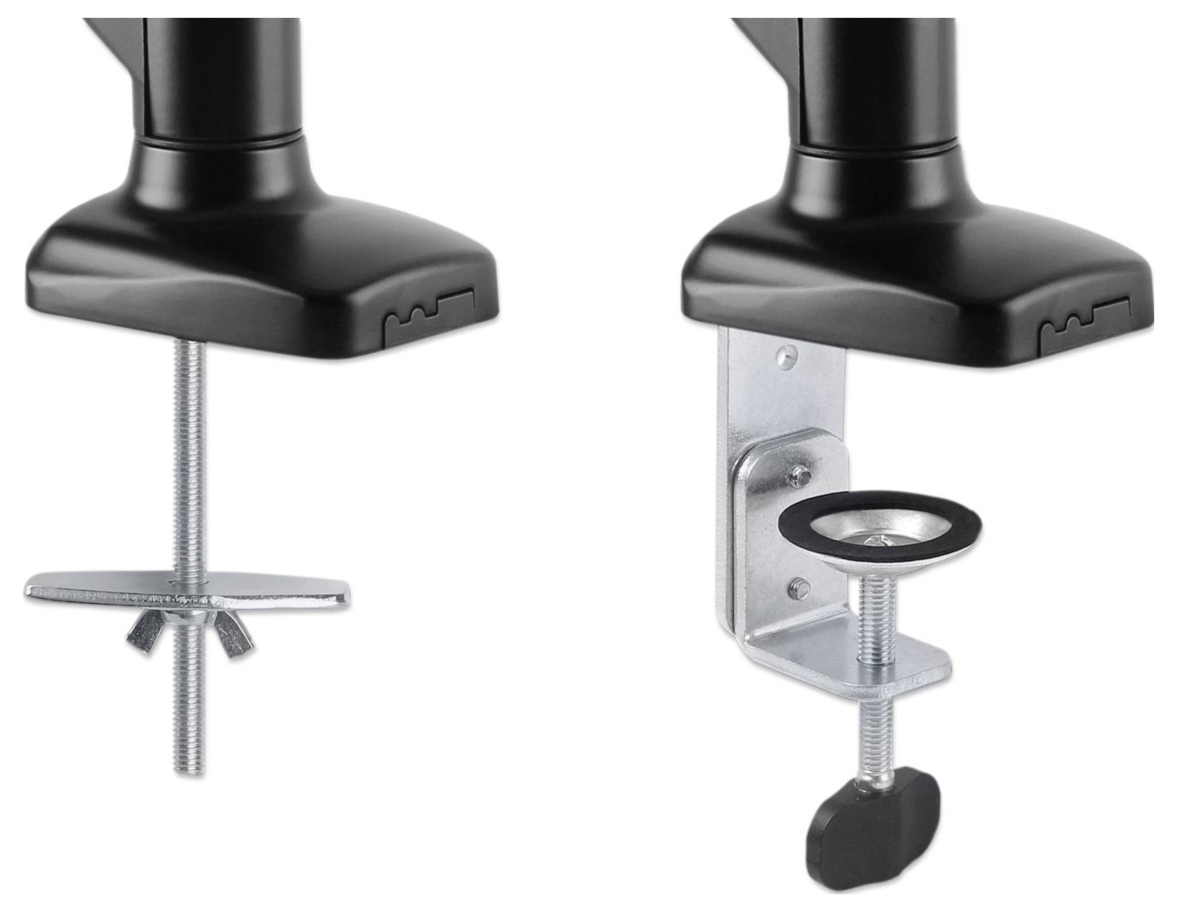 Deux méthodes de montage pour un bras de moniteur : à gauche avec un serre-câble à vis, à droite avec une pince de table. Les deux en métal et en plastique.