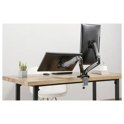 Deux moniteurs sont montés sur des bras ajustables sur un bureau. À côté se trouvent un cactus, des livres et une tasse.