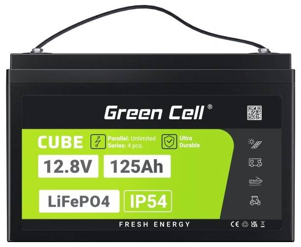 'Cellule Verte 12,8V 125Ah LiFePO4, IP54, pour énergies renouvelables. Ultra robuste et durable. Extensible en parallèle et en série.'