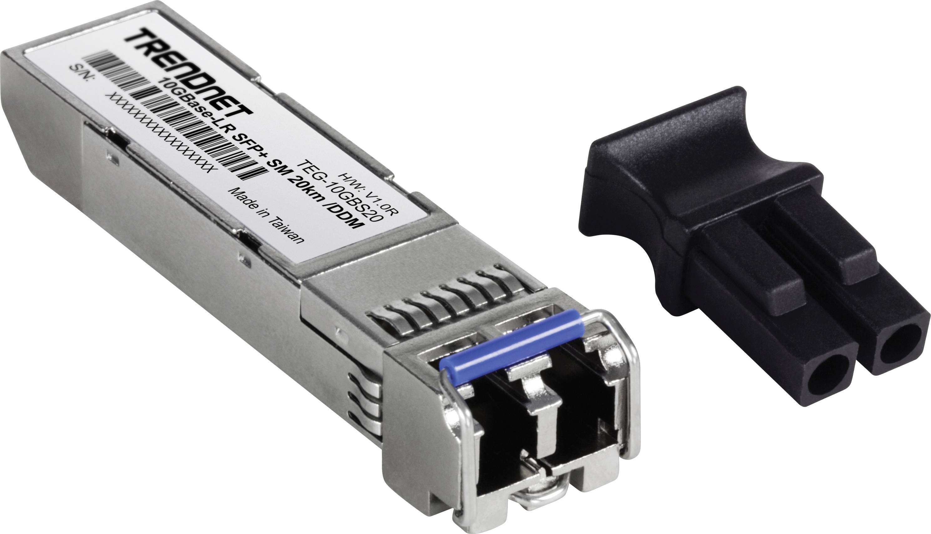 Un module SFP de TRENDnet, modèle TEG-MGBS10, utilisé pour les connexions à fibre optique, à côté d'un connecteur en plastique noir.