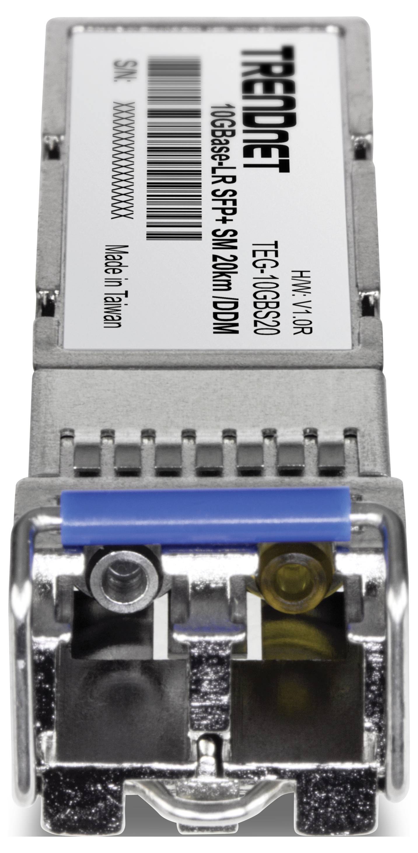 Un module SFP argenté de TRENDnet, portant le numéro de modèle TE-100S20. Il dispose de deux ports à l'avant et d'une étiquette en haut avec des spécifications techniques.
