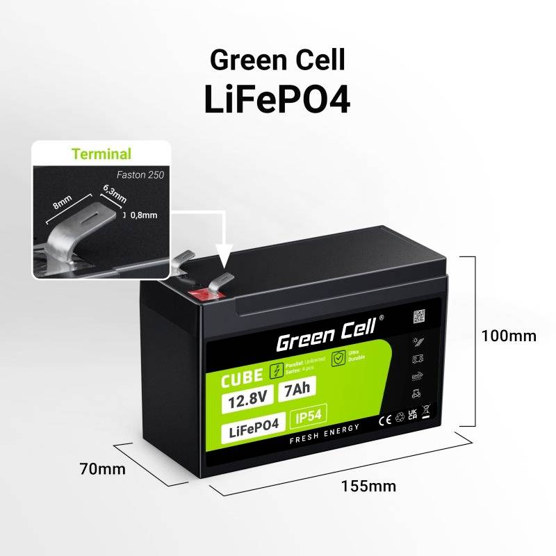 Batterie Green Cell, type LiFePO4, 12,8V, 7Ah. Dimensions : 70 mm x 155 mm x 100 mm, bornes Faston 250. Convient à diverses applications.