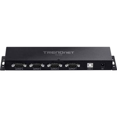Hub série Trendnet TU-S4 avec quatre ports DB9, USB 2.0 et entrée d'alimentation 5V. Utilisé pour améliorer la connectivité des appareils série.