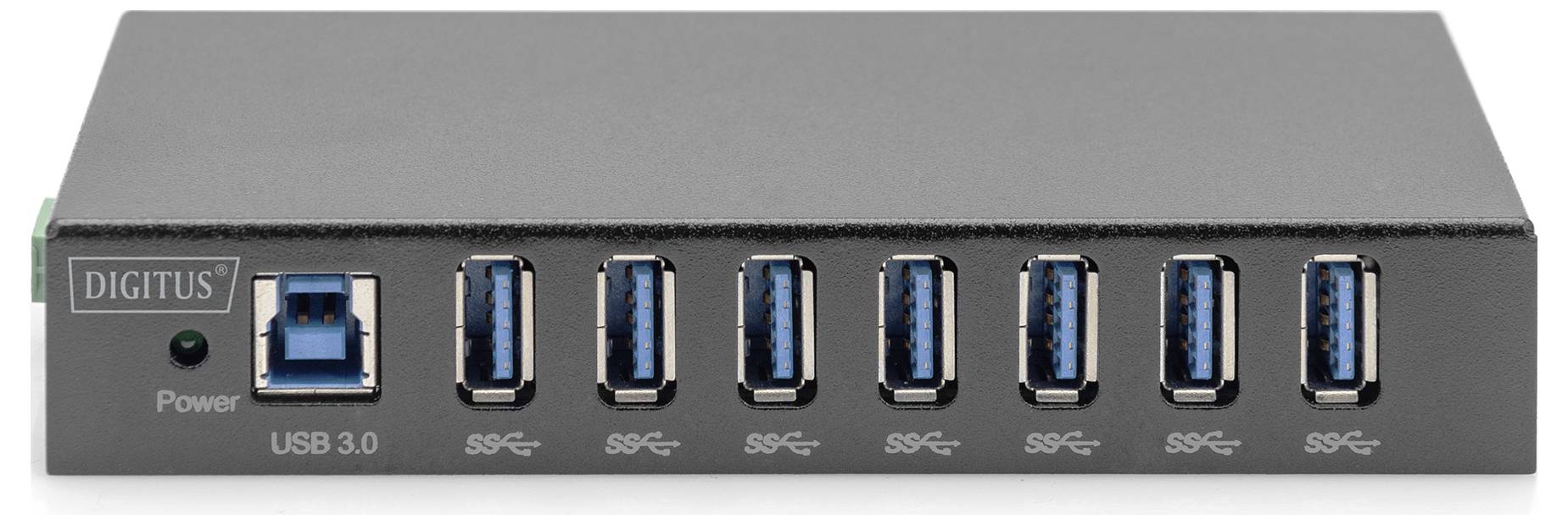 Hub USB 3.0 gris métallique avec sept ports USB bleus à l'avant, nom de marque sur la gauche.