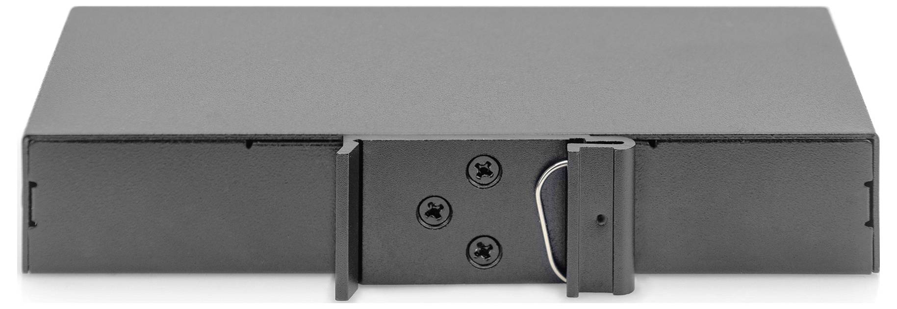 Un boîtier d'ordinateur noir rectangulaire, probablement pour un disque dur, avec un verrou à l'avant et trois vis visibles.