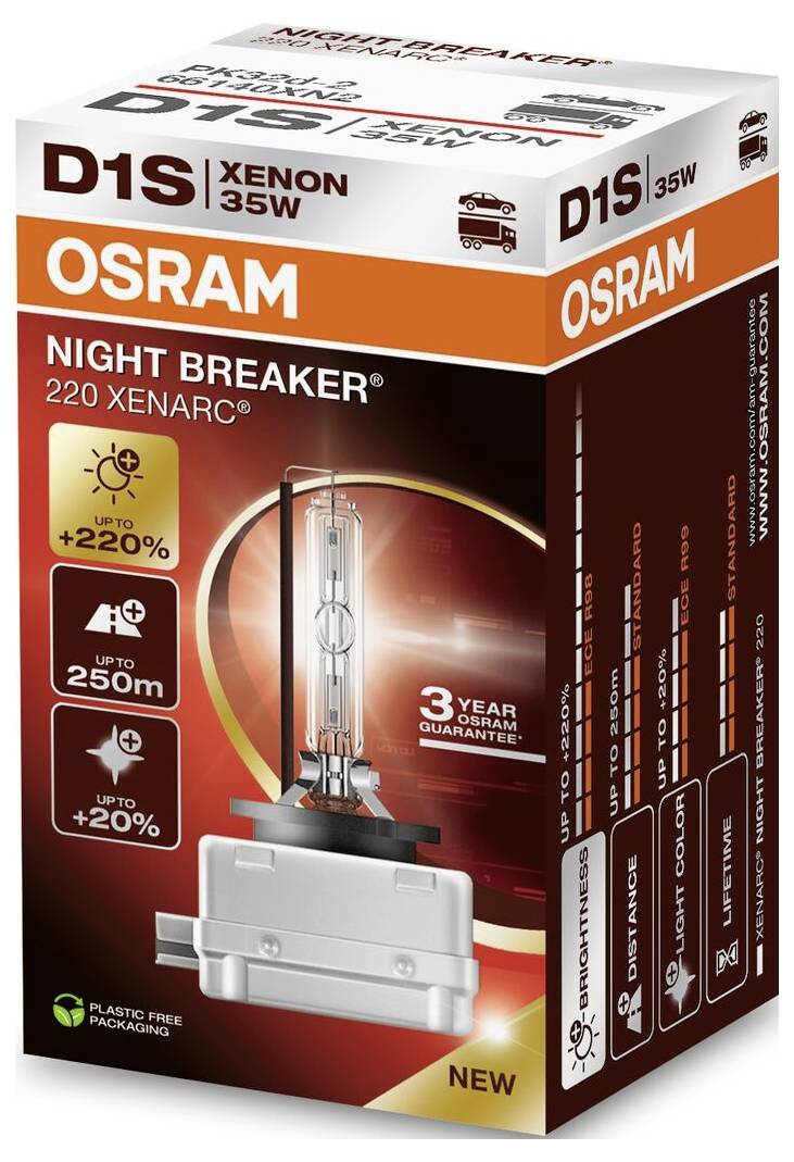 Emballage de lampe 'OSRAM D1S Xenon Night Breaker 35W 220 Xenarc' indiquant une luminosité et une portée accrues, 3 ans de garantie, nouvelle technologie.
