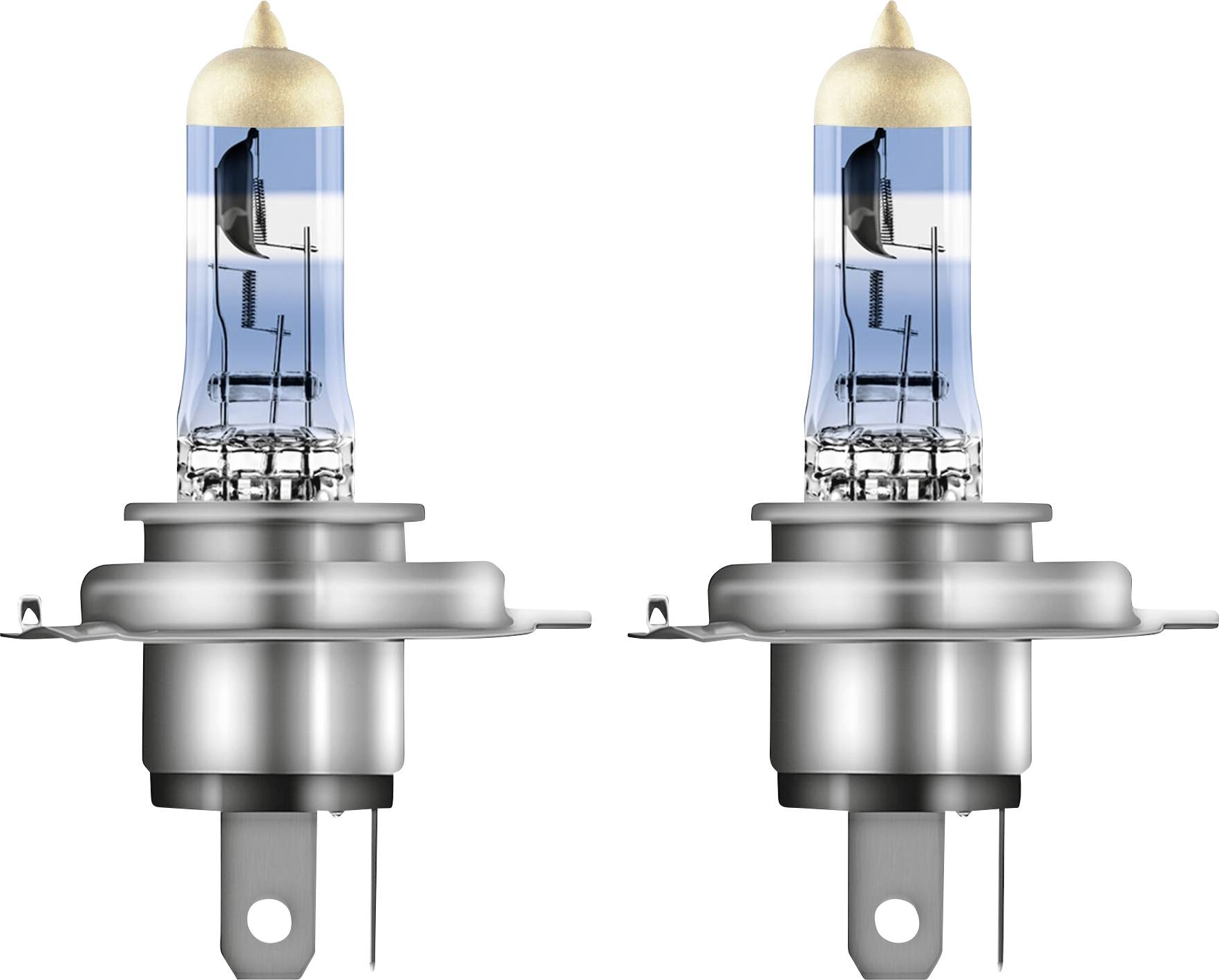 Deux lampes halogènes à base métallique et à ampoule transparente, utilisées pour les phares de voiture.